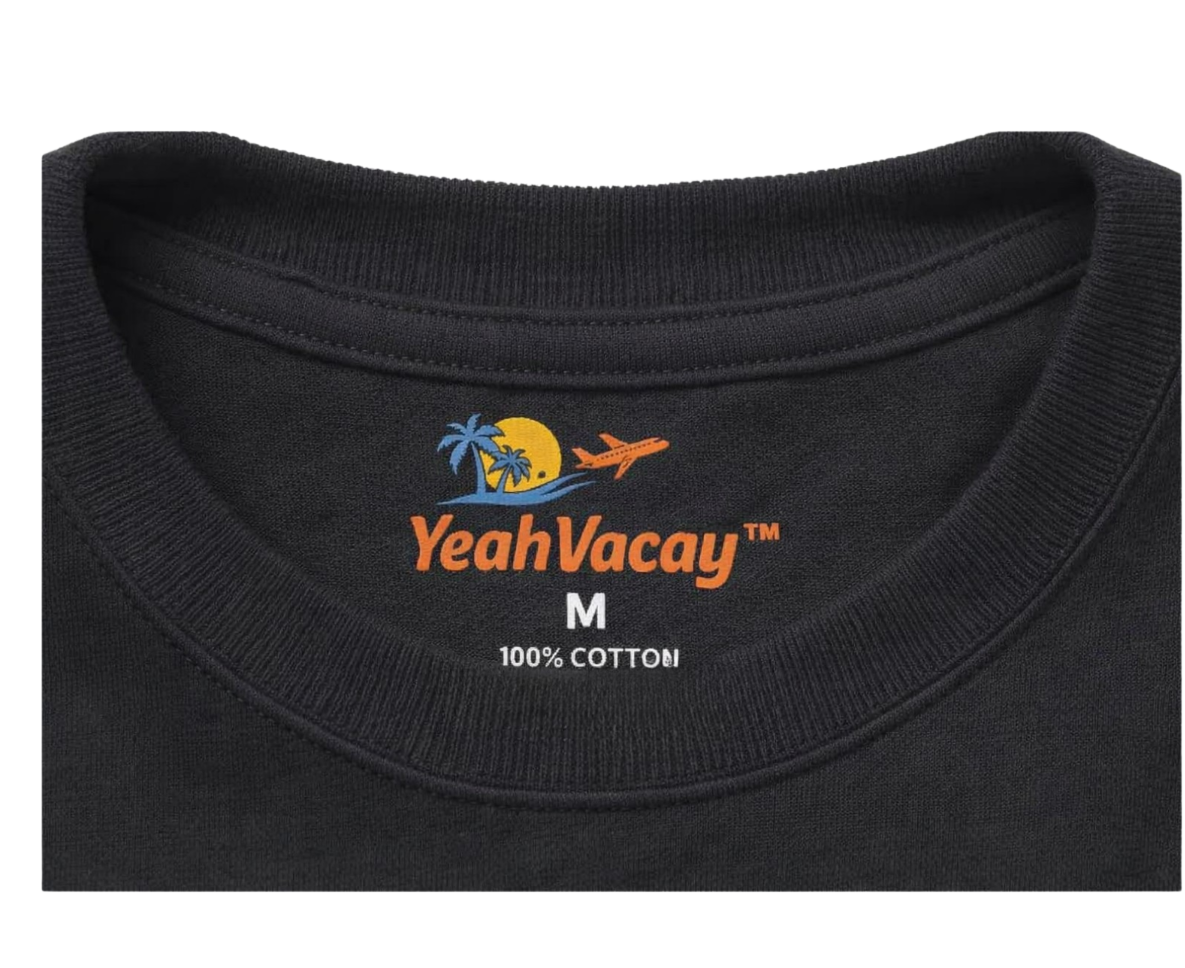 Photograph: child wearing YeahVacay black t-shirt with logo chest print — standing front view